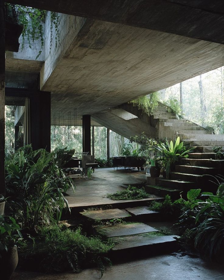 Brutalist concrete home integrated into forest landscape