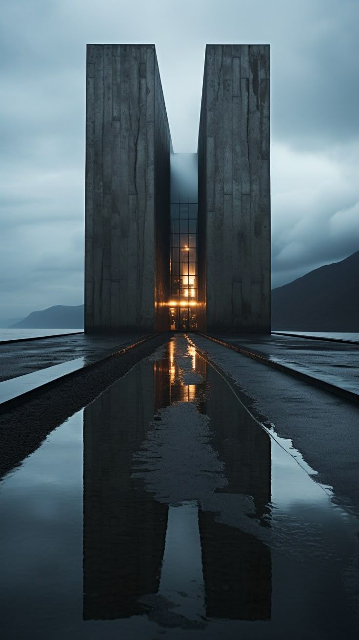 Twin concrete towers rising dramatically against stormy sky