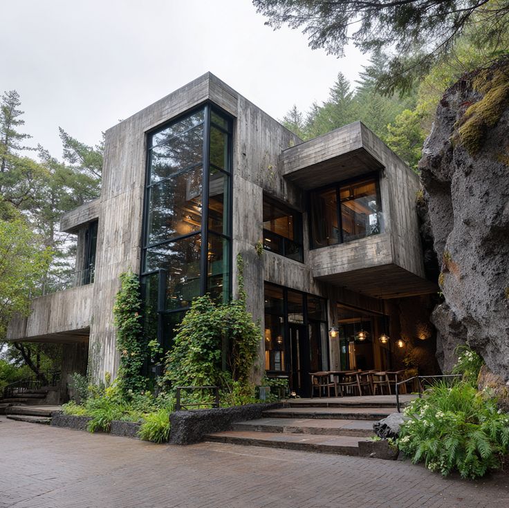 Brutalist residence carved into natural rock face surrounded by forest