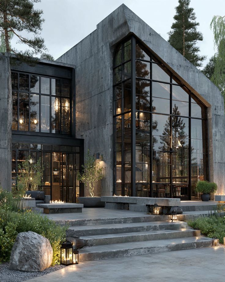 Minimalist concrete architecture with infinity pool